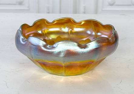 Tiffany Studios Favrile Glass Bowl: Tiffany Studios Favrile Glass Bowl, American, Early 20th Century, Scalloped Form, Etched Grapevine Interior, Marked L.C.T. Favrile Underside, Height 3, Diameter 7 Inches, Small Scratches To Rim And Ce