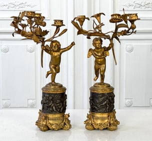 Pair Parcel Gilt Bronze Putti Candelabra