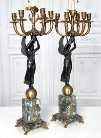 Pair Winged Victory Parcel Gilt Bronze Lamps
