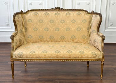 Louis XVI Giltwood And Silk Damask Canape Settee