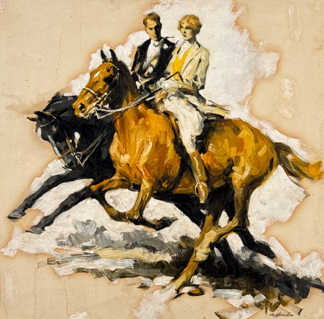Frank Hoffman, American, 1888-1958: Frank Hoffman, American, 1888-1958, Catching Up To Her On Horseback Golden Age Illustration Of A Young Man And Woman, Oil On Paper Board, Signed Lower Right, 23 X 23 Inches, Matted Under Glass In A Gi