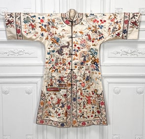 Chinese Embroidered White Silk Robe