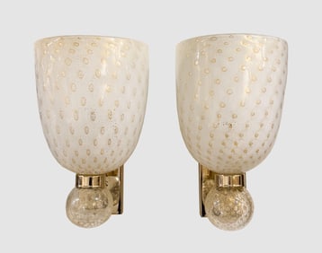 Pair Murano White And Gold Glass Sconces