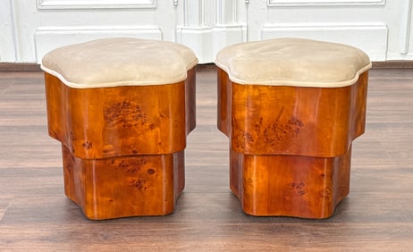 Pair Milo Baughman Style Burlwood Stools