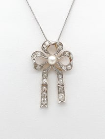 Diamond & Pearl 14k Gold Bow Pendant Necklace