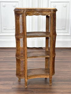 Louis XV Style Caned Etagere Shelves: Louis XV Style Caned Etagere Shelves, Kidney Form Sienna Marble Top On Carved Supports With Three Shelves, Cabriole Legs, Height 42, Width 24, Depth 12 Inches, Later Stained And Lacquer Surface, Crack