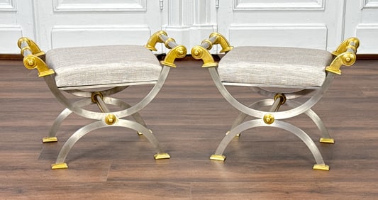 Pair Jansen Style Nickel & Brass Curule Benches