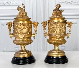 Pair Renaissance Style Gilt Bronze Urns