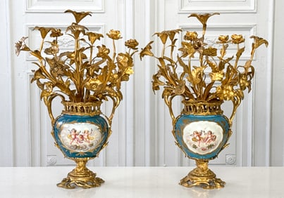 Pair Sevres Style Gilt Bronze Candelabra