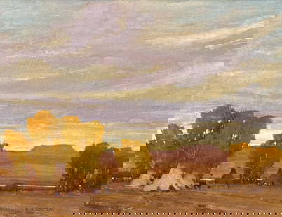 W. Steve Seltzer, American, California, Born 1945: W. Steve Seltzer, American, California, B. 1945, Indian Encampment, Oil On Masonite, Signed Lower Right, 12 X 16 Inches, Linen Wrapped And Gilt Wood Frame 20.25 X 24.25 X 1.5 Inches, Paint Surface Sta