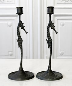 Pair Hurley Attributed Bronze Seahorse Candlesticks
