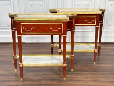 Pair Louis XVI Style Marble & Mahogany Consoles