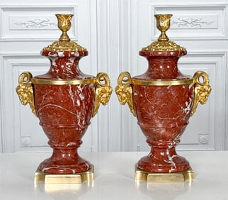 Pair Louis XVI Style Rouge Marble Lamp Bases