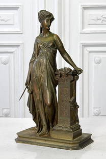 Art Nouveau Bronze Of Goddess Diana: Art Nouveau Bronze Of Goddess Diana, French Or Austrian, Late 19th Century, Woman In Classical Robes Standing With Arrow, A Pedestal With Game Birds And A Quiver, Base Marked 19667, 13 X 8.5 X 4 Inche