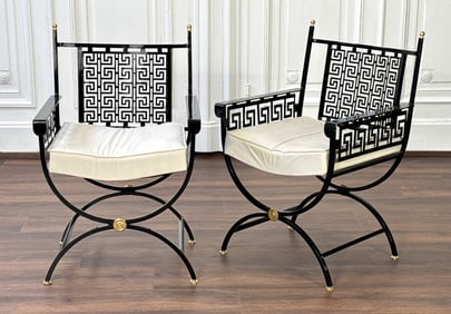 Pair Jansen Style Painted Metal Garden Chairs