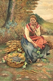 Young Woman Harvesting Grapes Watercolor