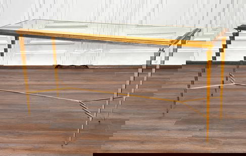 French Gilt Metal Console Table: French Gilt Metal Console Table, Craquel And Bevel Mirror Top Inset In Gilt Wood Molding, Spherule Terminals On Attenuated Tapering Legs, Y-Form Stretcher, Height 32, Width 66, Depth 21 Inches, Struct