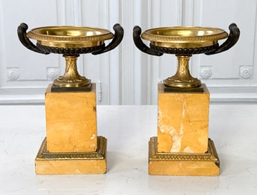 Pair Empire Style Parcel Gilt Bronze Urns