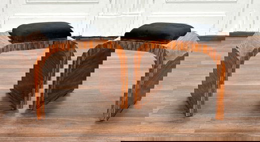 Pair Mid Century Modern Style Exotic Wood Stools