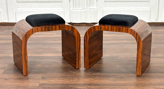 Pair Mid Century Modern Style Exotic Wood Stools: Pair Mid Century Modern Style Exotic Wood Stools, After Karl Springer Design, Waterfall Form With Padded Tops, Height 16, Width 17, Depth 14 Inches, Structurally Sound, Polyurethane Surface And Uphols