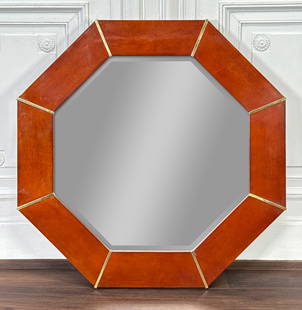 Large Italian Fruitwood Mirror: Large Italian Fruitwood Mirror, Octagonal Frame With Brass Molding, Beveled Mirror Plate 43 X 43 X 2 Inches, Structurally Sound, Presents Well. View All Photos For Additional Condition Information.