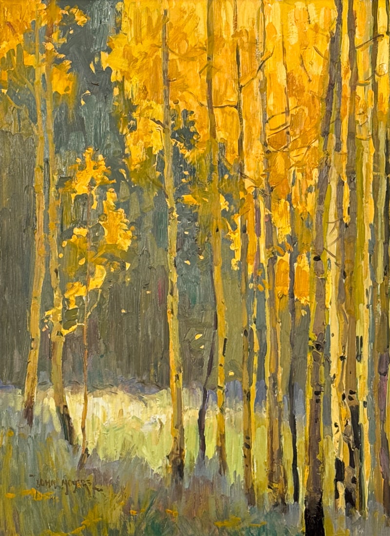 John Moyers, Canadian-American, Born 1958: John Moyers, Canadian-American, Born 1958, Golden Days, Aspen Trees In Autumn, Oil On Masonite, Signed Lower Left, Signed And Titled Verso, 24 X 18 Inches, Gilt Wood Frame, 31.5 X 25.5 X 2 Inches, Pai