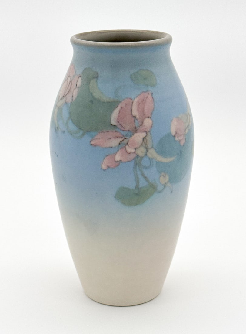 Fred Rothenbusch Rookwood Pottery Vase: Fred Rothenbusch Rookwood Pottery Vase, American, 1927, Decorated Mat Glaze With Water Lilies On Blue, Stamped Underside With Flame Mark, Xxxvii 925e V With Artist Cipher, Height 7.5 X Diameter 4 Inch