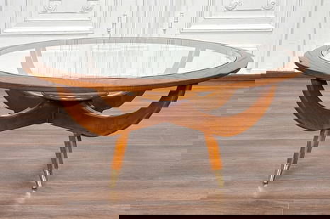 Italian MCM Style Coffee Table: Mid Century Modern Style Italian Coffee Table, Circular Hardwood Molding With Glass Top, Swag Supports With Acroteria, Tapering Legs With Brass Cuffs, Height 17.5 Diameter 41 Inches, Structurally Soun
