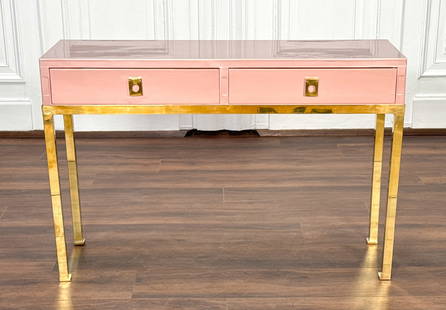 Italian Lacquer & Brass Console Desk: Italian Lacquer & Brass Console Desk, Pink Lacquer Case With Two Drawers And Hinged Pulls On Brass Stand With Square Legs, Height 30.5, Width 46, Depth 17.5 Inches, Structurally Sound. View All Photos