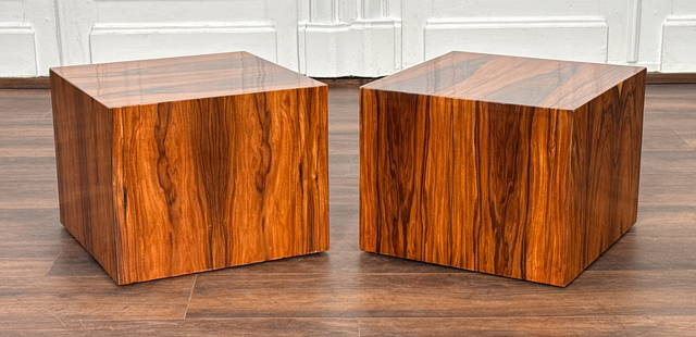 Pair Exotic Wood Side Tables: Pair Exotic Wood Side Tables, Each Cube Form With Exotic Hardwood Veneer, Height 15, Width 18, Depth 18 Inches, Structurally Sound, Small Veneer Loss At Base. View All Photos For Additional Condition