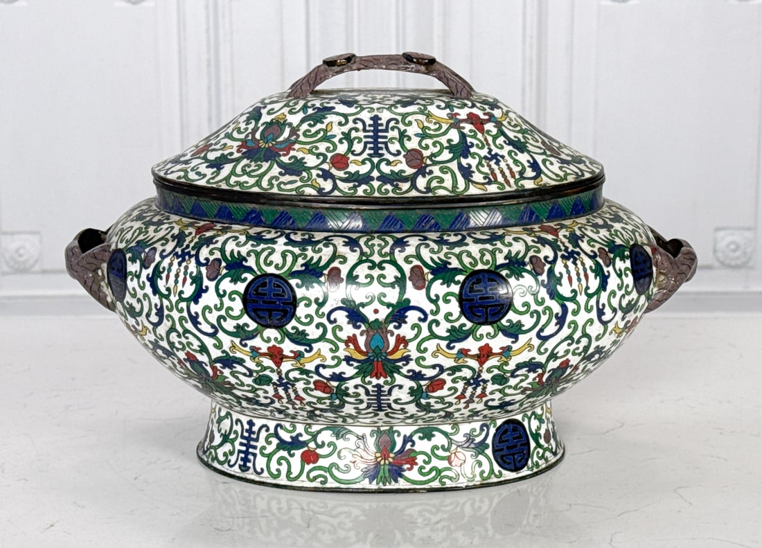 Antique Chinese Cloisonne Tureen: Antique Chinese Cloisonne Tureen, Qing Or Republican, 19th-20th Century, Enamel Over Brass With White Ground, Vines And Shou-fu, Roundels, Branch Handles, Height 10, Width 14, Depth 10 Inches, Scatter