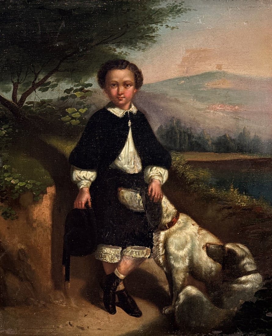 Oil On Canvas Portrait Of A Boy With Dogs: Oil On Canvas Portrait Of A Boy With Dogs, English, 19th Century, In The Manner Of Sir Edwin Henry Landseer, With A Child In An Velvet Suit And Two Hunting Hounds In A Romantic Landscape, Oil On Canva