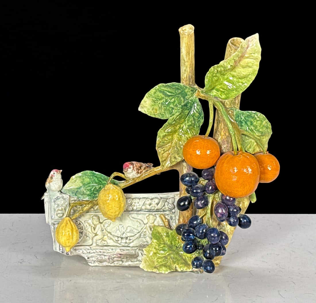 Antique Majolica Planter: Antique Majolica Planter, Italian Or French, Early 20th Century, With Fruit And Birds On Branches With Rectangular Jardiniere Behind, Height 17, Width 17, Depth 7 Inches, Small Edge Chips And Abrasion