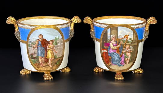 Pair Empire Style Old Paris Porcelain Cachepots: Pair Empire Style Old Paris Porcelain Cachepots, 19th Century, Each With Scroll Handles And Masque Terminals, Scenes Of Musicians In Reserve, Height 7.75, Width 10, Depth 7 Inches, Rubbing To Gilt, Sm