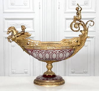 Large French Gilt Bronze Boat Tureen: Large French Gilt Bronze Boat Tureen, French, Gilt And Cranberry Body And Base, In The Renaissance Manner With Hippogriff, Cherub And Venus With A Mirror On An Acanthus Scroll, Height 30, Width 34, De