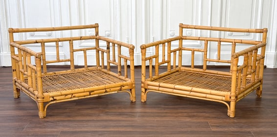 Pair Rattan Bamboo Low Lounge Chairs