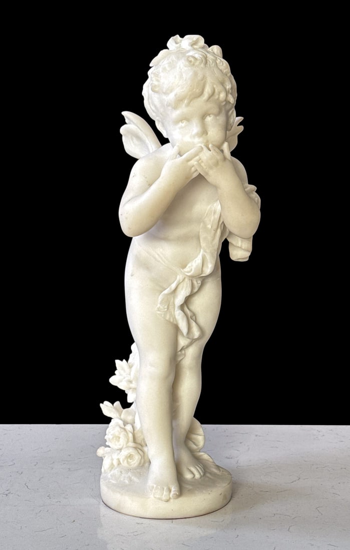 Cast Marble Fairy Figure: Cast Marble Fairy Figure, 20th Century, In The Manner Of Auguste Moreau, Child With Wings Standing Blowing Kisses With Her Hands Up, Height 25, Width 6, Depth 8 Inches, Structurally Sound, Few Surface