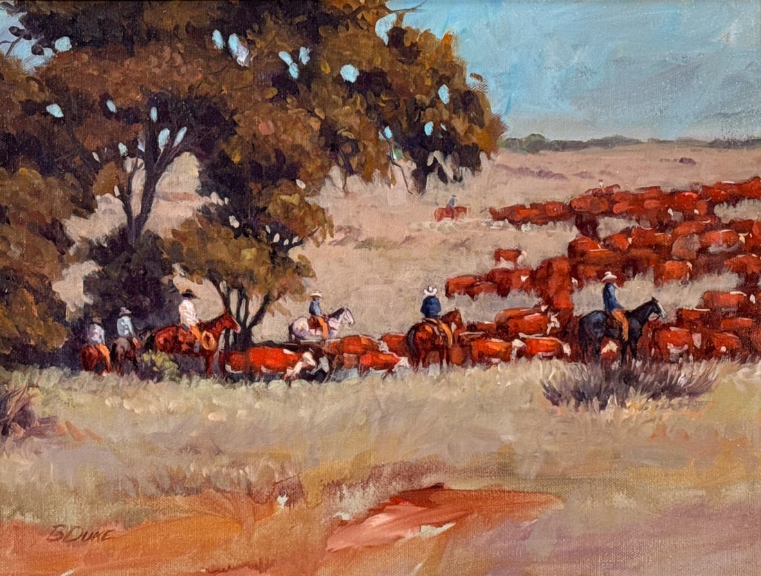 B. Duke, American, Late 20th Century: B. Duke, American, Late 20th Century, Straggler Creek Crossing, Cowboys With Cattle, Oil On Canvas, Signed Lower Left, Titled Verso, 12 X 16 Inches, Gilt Wood Frame, 18 X 22 X 2 Inches. View All Photo