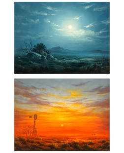 D. R. Parker, American, Texas, Born 1940: D. R. Parker, American, Texas, Born 1940, Sunset With Windmill And Cowboys On Horseback And Moonlight And Mountains Landscape, Two Oil On Masonite Paintings, Signed Lower Right And Left, Respectively,