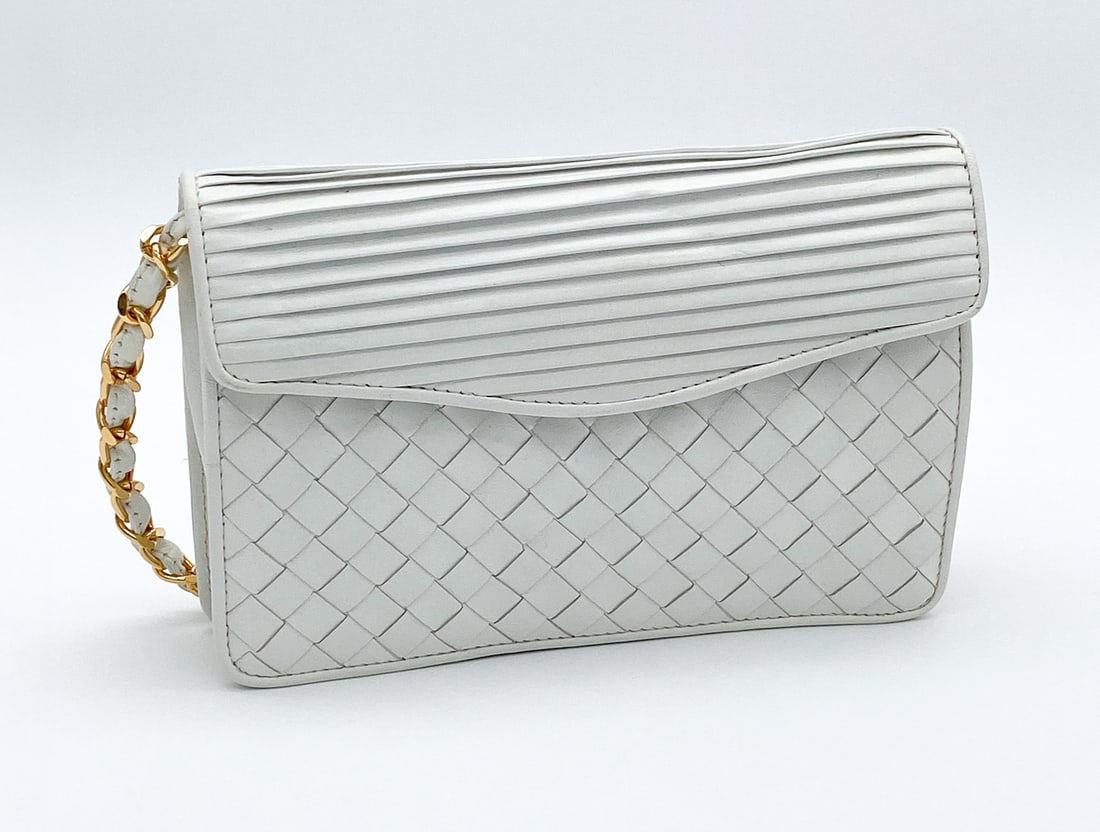 Bottega Veneta Intrecciato Flap Bag: Bottega Veneta Intrecciato Flap Bag In White Pleated And Woven Leather With Gold Tone Hardware; 1990s. 5h X 7.25w X 1.5 Inches Deep. Strap Length 6 Inches. Lacks Tassel, Some Creasing To Pleats, Ink M