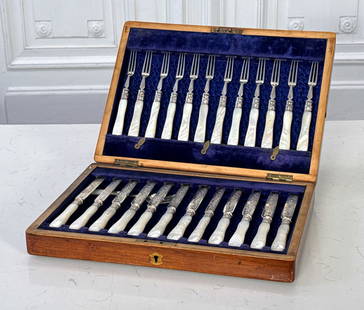 Edwardian Sterling Silver Fruit Or Dessert Set: Edwardian Sterling Silver Fruit Or Dessert Set, English, 1901 London Assay Marks With S.S.H. LTD Maker Mark, Mother Of Pearl Handles On 12 Fork, 12 Knives And A Sugar Scoop, Knife Length 8 Inches, In