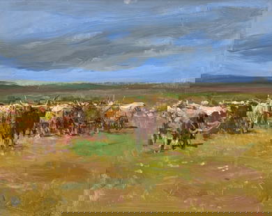 Lajos Markos, American, Texas, 1917-1993: Lajos Markos, American, Texas, 1917-1993, Longhorn Cattle Grazing, Oil On Masonite, Signed Lower Right, 16 X 20 Inches, Brown Painted Wood Frame 22 X 26 X 2.25 Inches, Paint Surface Stable And Clean.