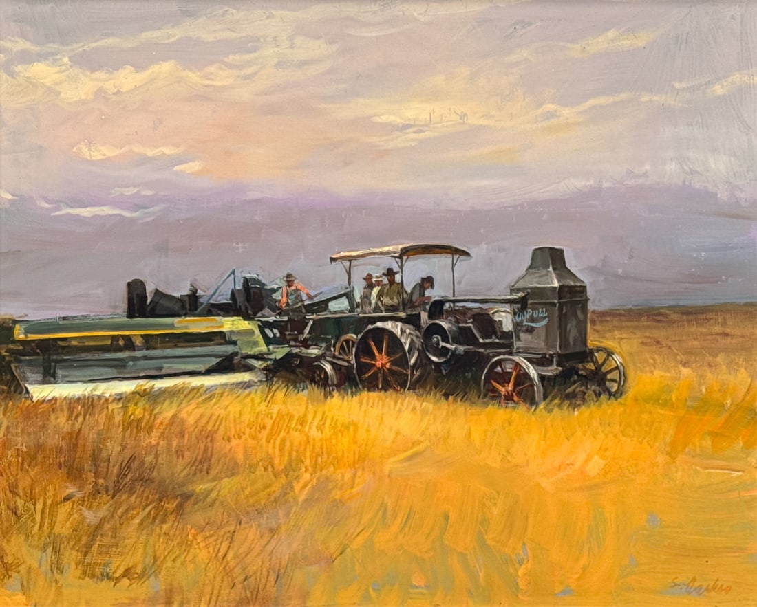 Lajos Markos, American, Texas, 1917-1993: Lajos Markos, American, Texas, 1917-1993, Tractor Harvesting Hay, Oil On Masonite, Signed Lower Lajos Markos, American, Texas, 1917-1993, Right, 16 X 20 Inches, Brown Painted Wood Frame 22 X 26 X 2.25