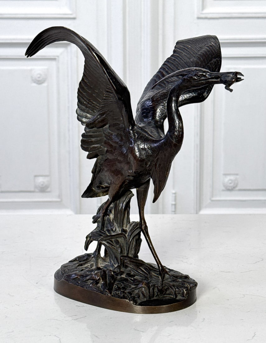 Alfred Jacquemart, French, 1824-1896: Alfred Jacquemart, French, 1824-1896, Heron With Frog, Bronze, Signed On Base, 11.5 X 5 X 9 Inches, Structurally Sound, Rubbed Patina. View All Photos For Additional Condition Information.