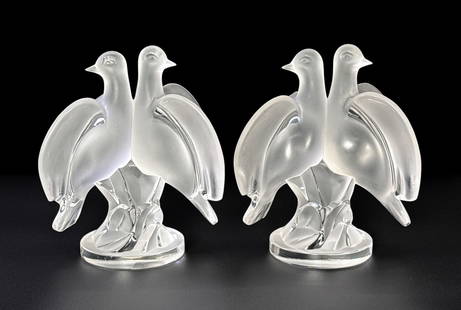 Pair Lalique Crystal Ariane Doves Figures: Pair Lalique Crystal Ariane Doves Figures, French, After 1945, Model Number 11638, Each With Pair Of Birds In Frosted Glass, Each Etched Lalique France On Side Of Base, Made In France And Lalique Labe