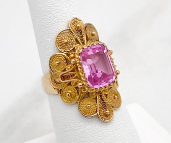 Pink Sapphire And 14k Gold Filigree Ring