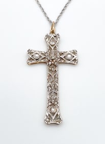 14k Gold And Diamond Cross Pendant And Chain