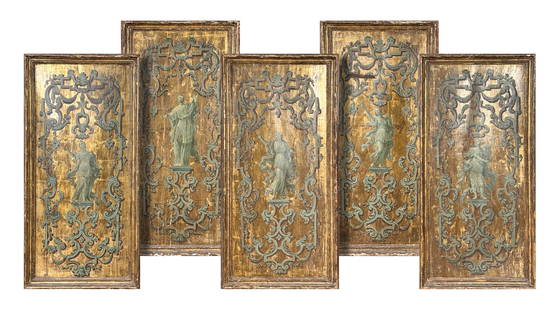Italian Neoclassical Painted and Parcel Gilt Panel Set: Five Neoclassical Italian Painted and Parcel-Gilt Panels, Italian, 18-19th Century, Grisaille Painted, Featuring Hand-Painted Classical Figures Of Virtues Including Justice With Scale, Temperance With