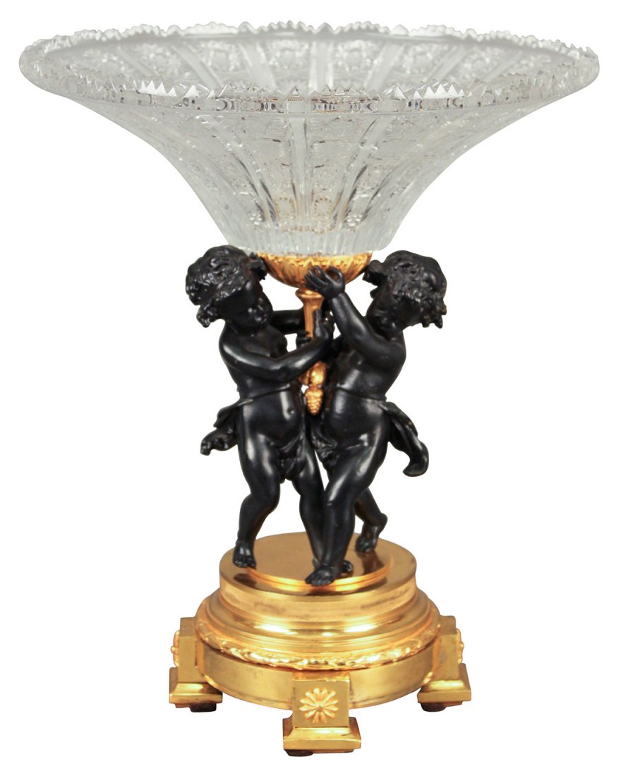 A Bronze Centerpiece With Cut Crystal Bowl: 14.5 H