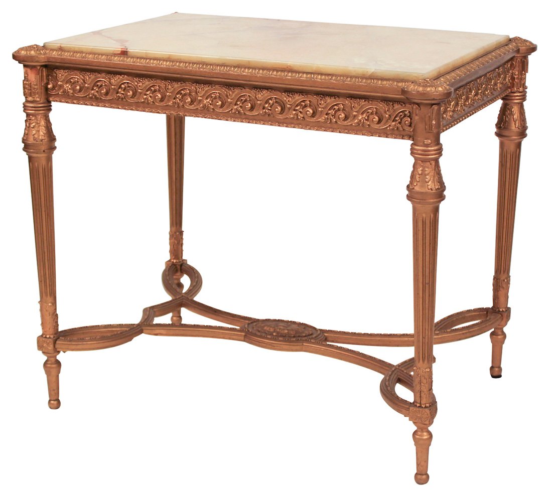 Fine 19th Century French Louis XVI Gilt Table: With Carved And Detailed Gadroon Edge, Fluted Legs, And A Shaped And Pierced Stretcher, And Having A Gold Viened Onxy Top, C. 1880, 29.5 W X 24 D X 34.5h